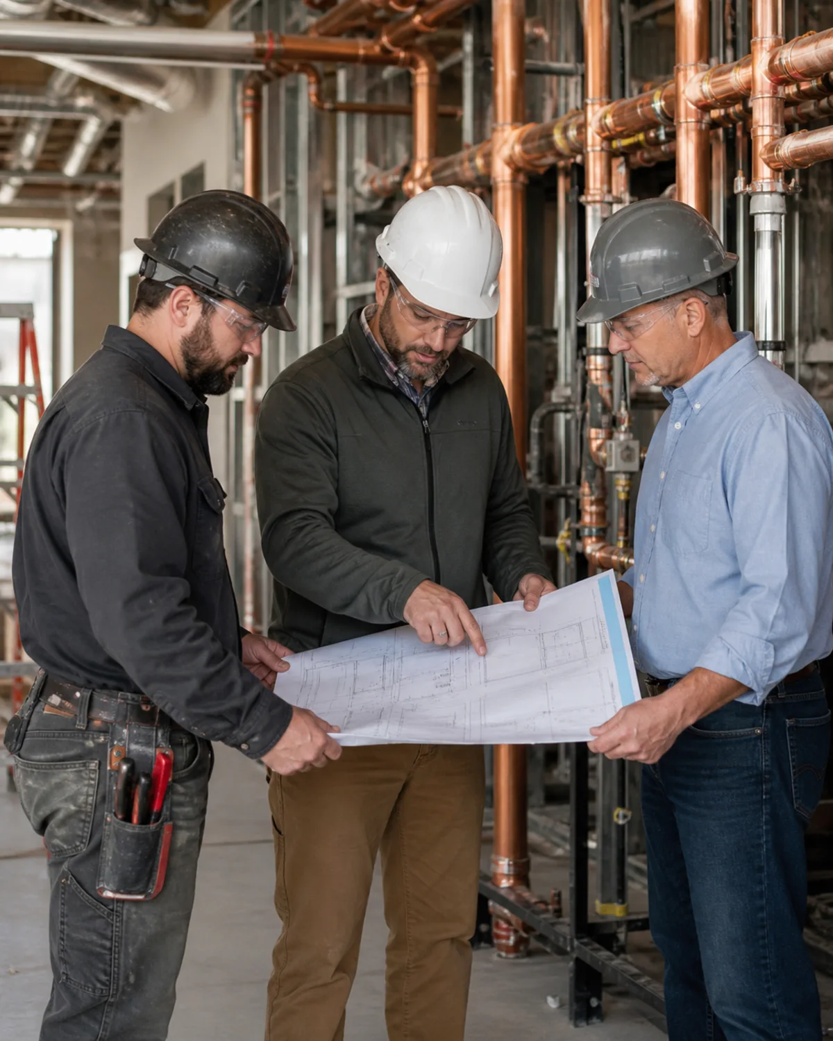 Plumbing professionals coordinating over mechanical plans at a commercial project