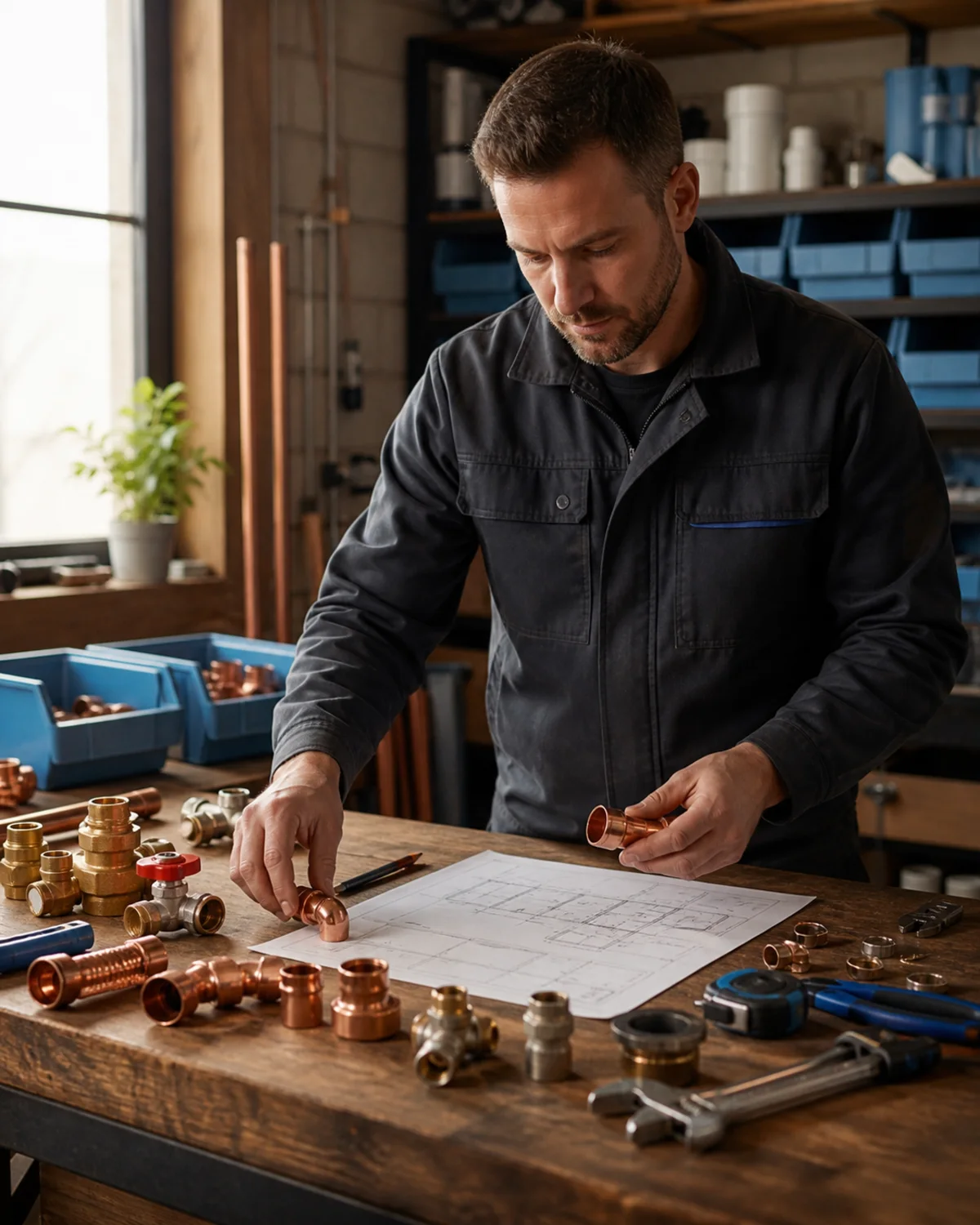 Plumber organizing copper fittings and tools around a project plan