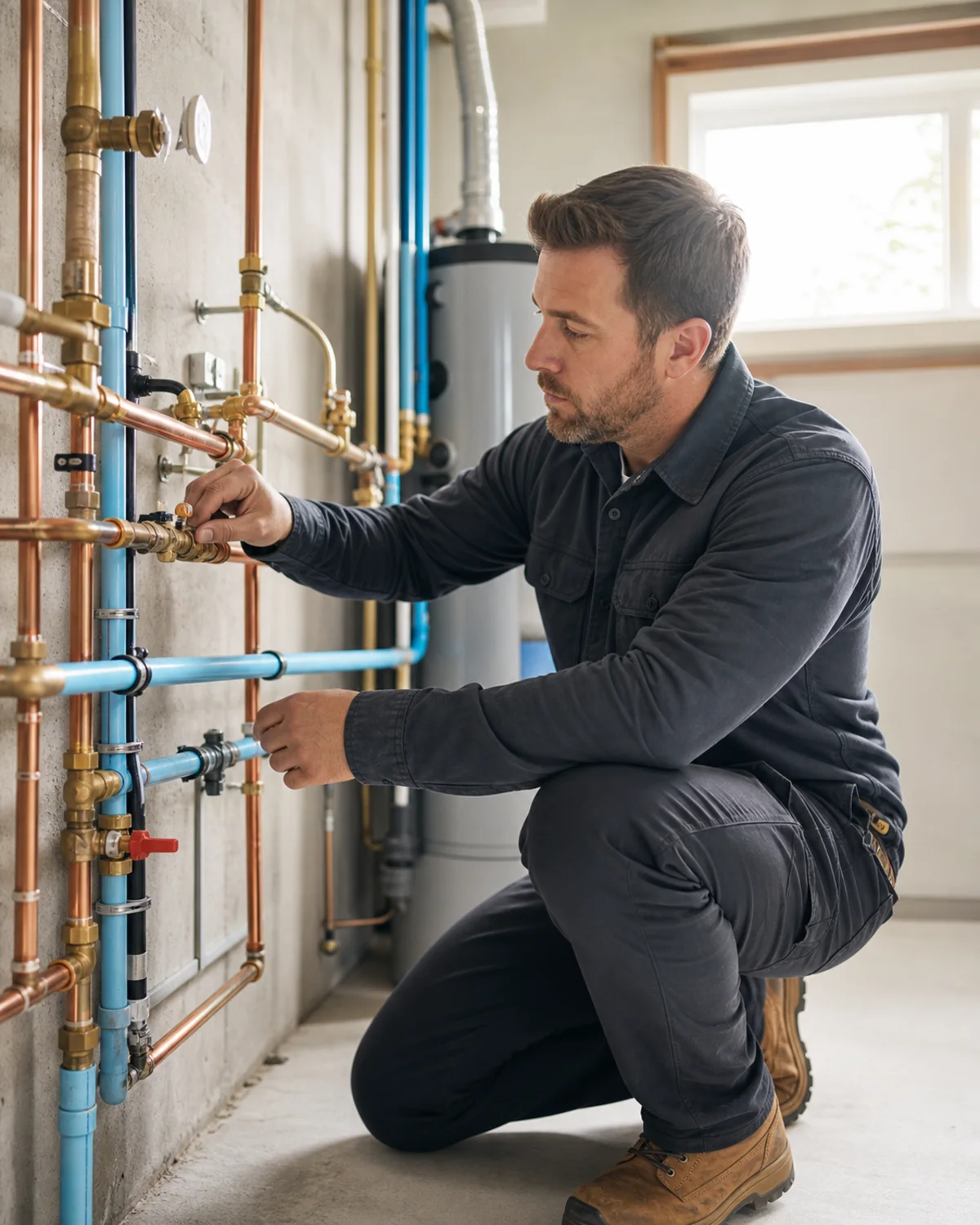Plumber inspecting copper and light-blue water lines in a residential mechanical room