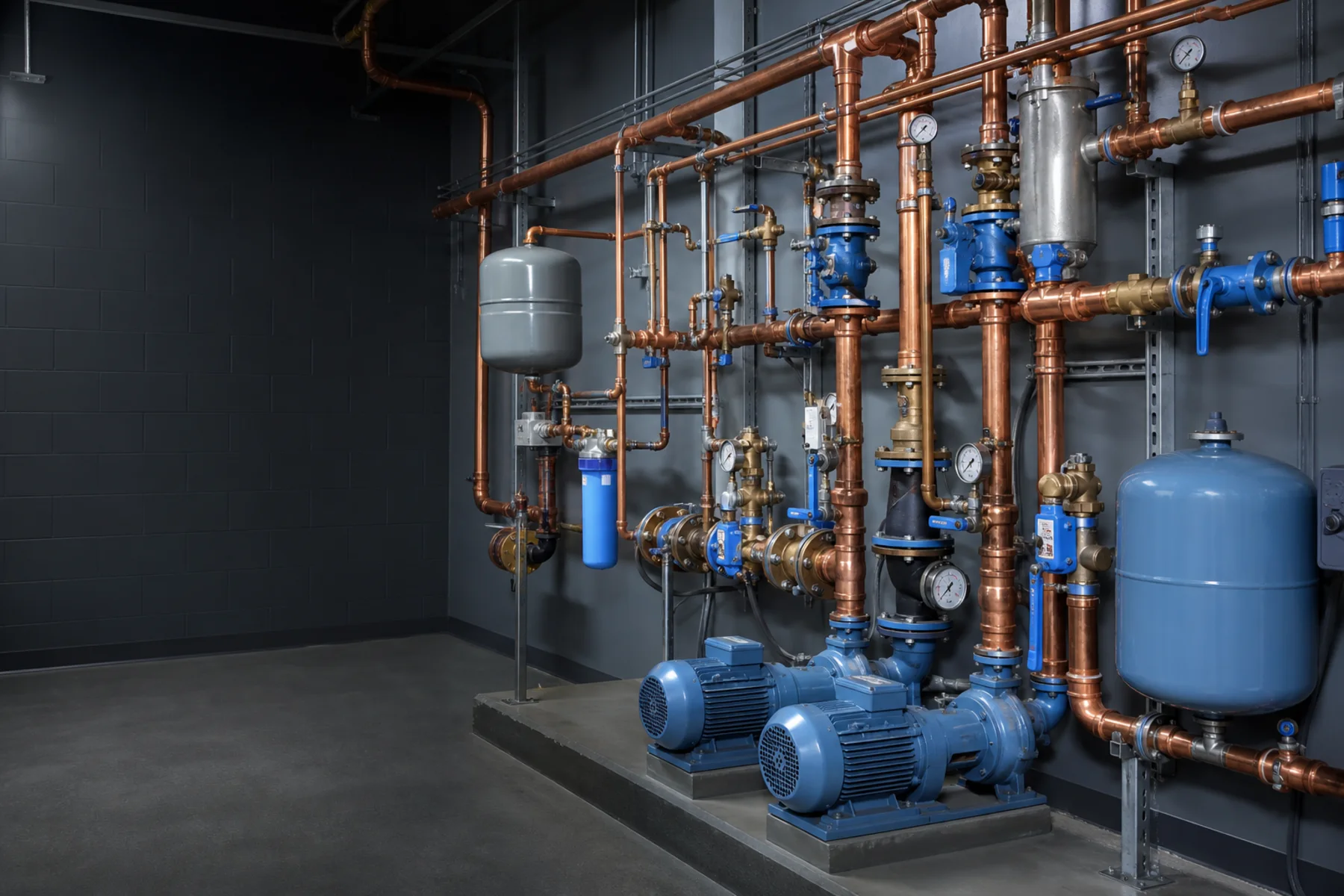 Organized commercial plumbing equipment and copper piping