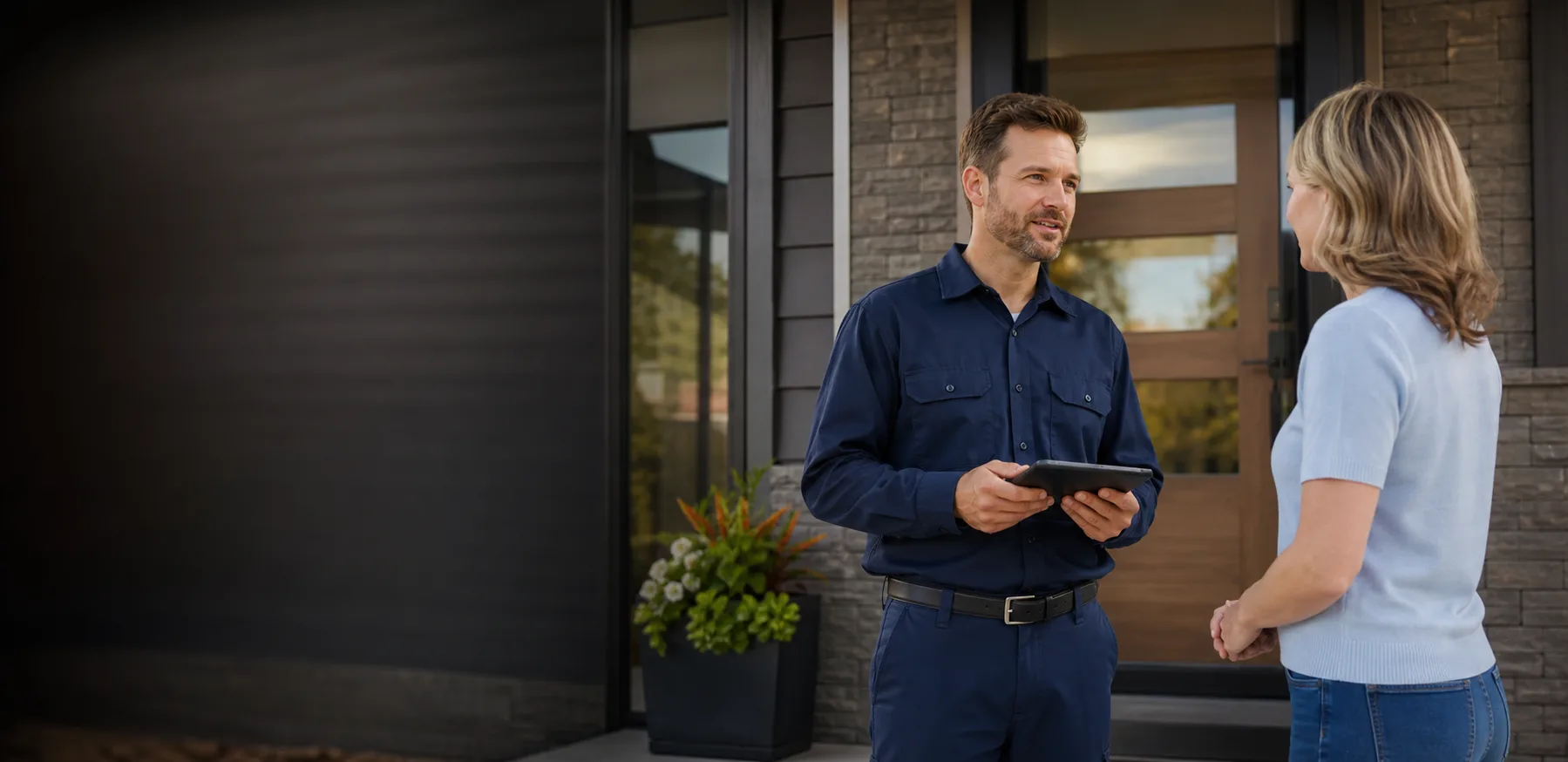 Plumber speaking with a homeowner outside a Sioux Falls home