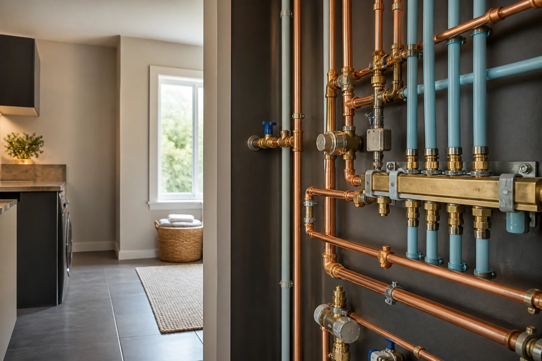 Organized residential copper and light-blue water piping