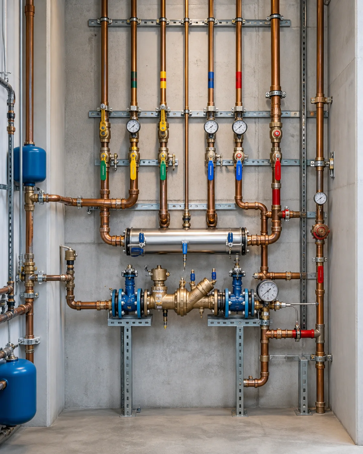 Commercial copper plumbing risers, valves, gauges, and backflow equipment
