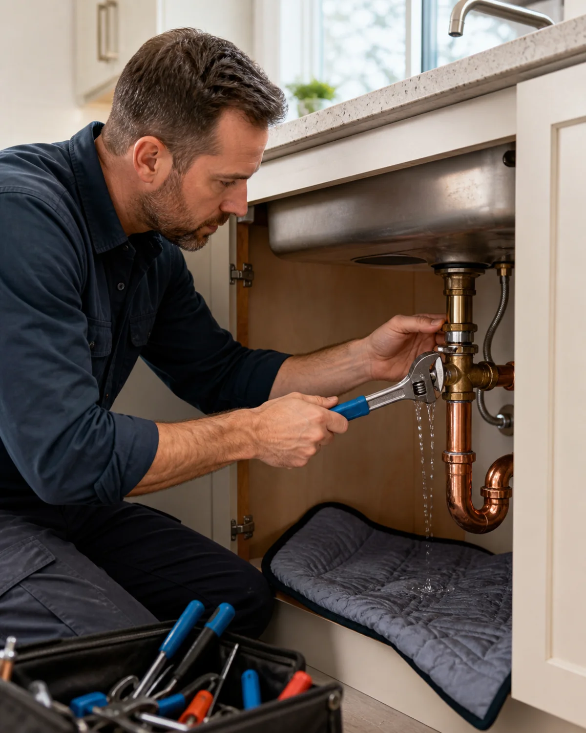 Emergency pipe repair under focused task lighting
