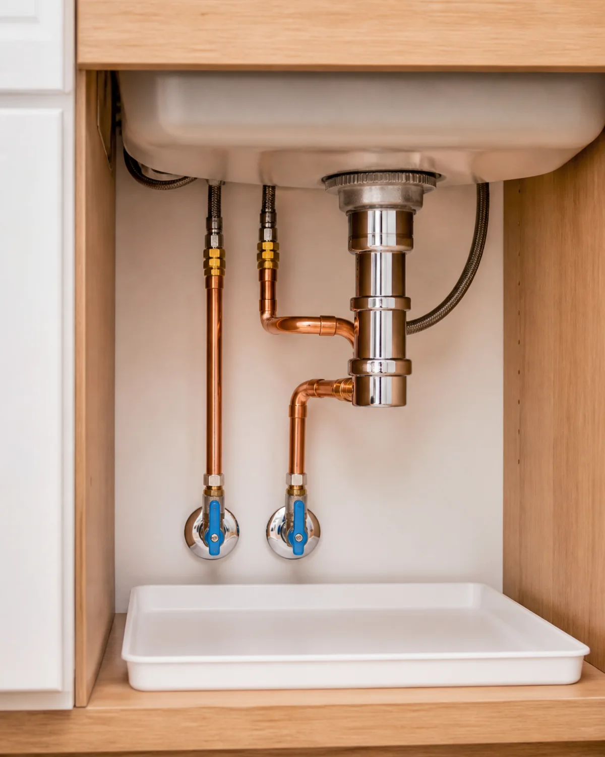Neatly installed residential sink plumbing with copper supply lines