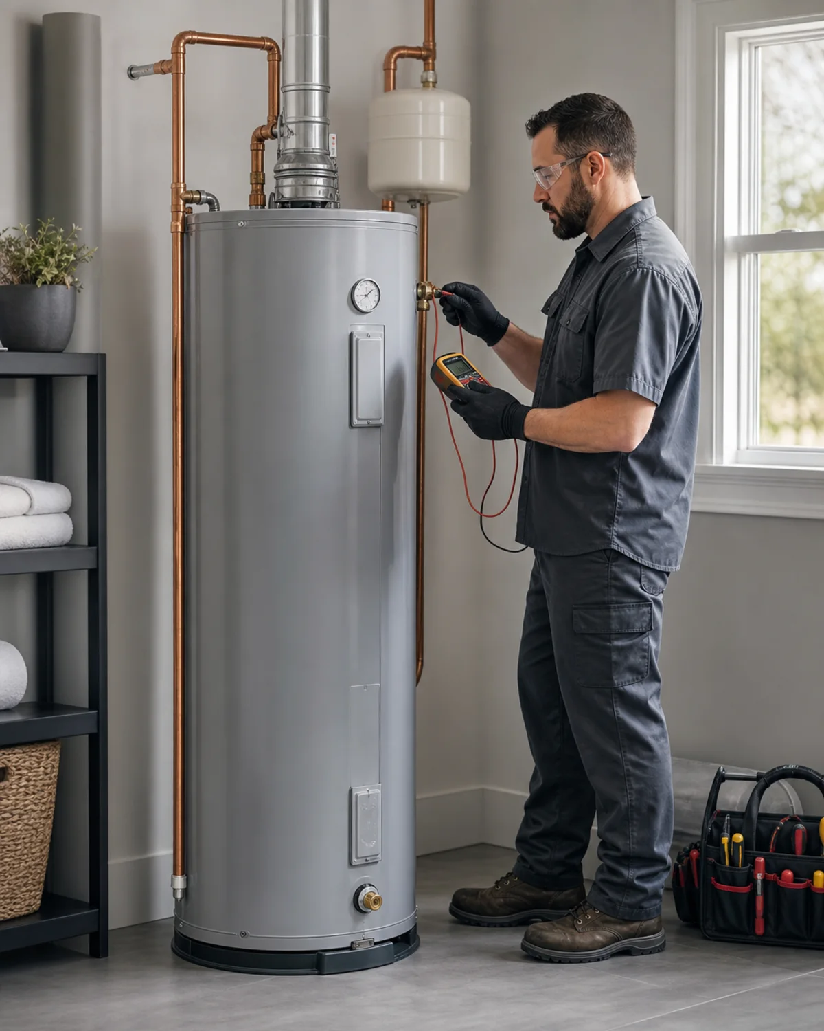 Detailed inspection of a water heater control and copper connections