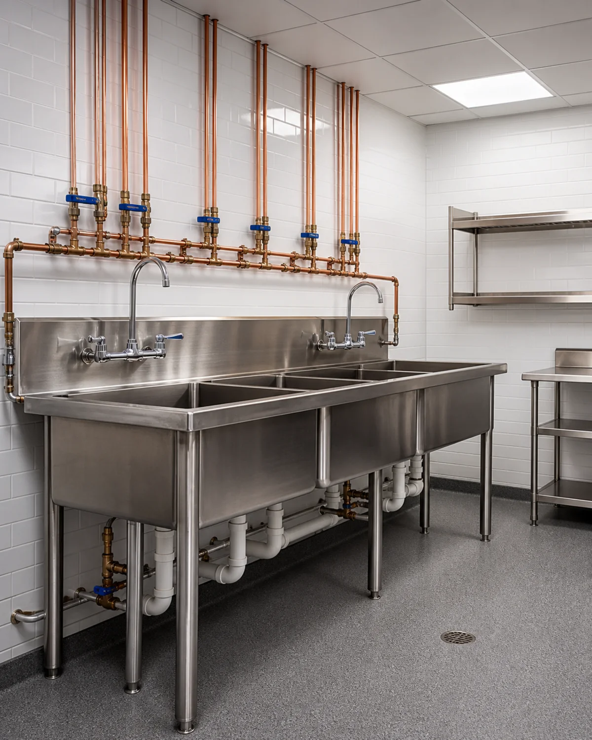 Unoccupied commercial prep area with stainless sinks and organized copper water piping