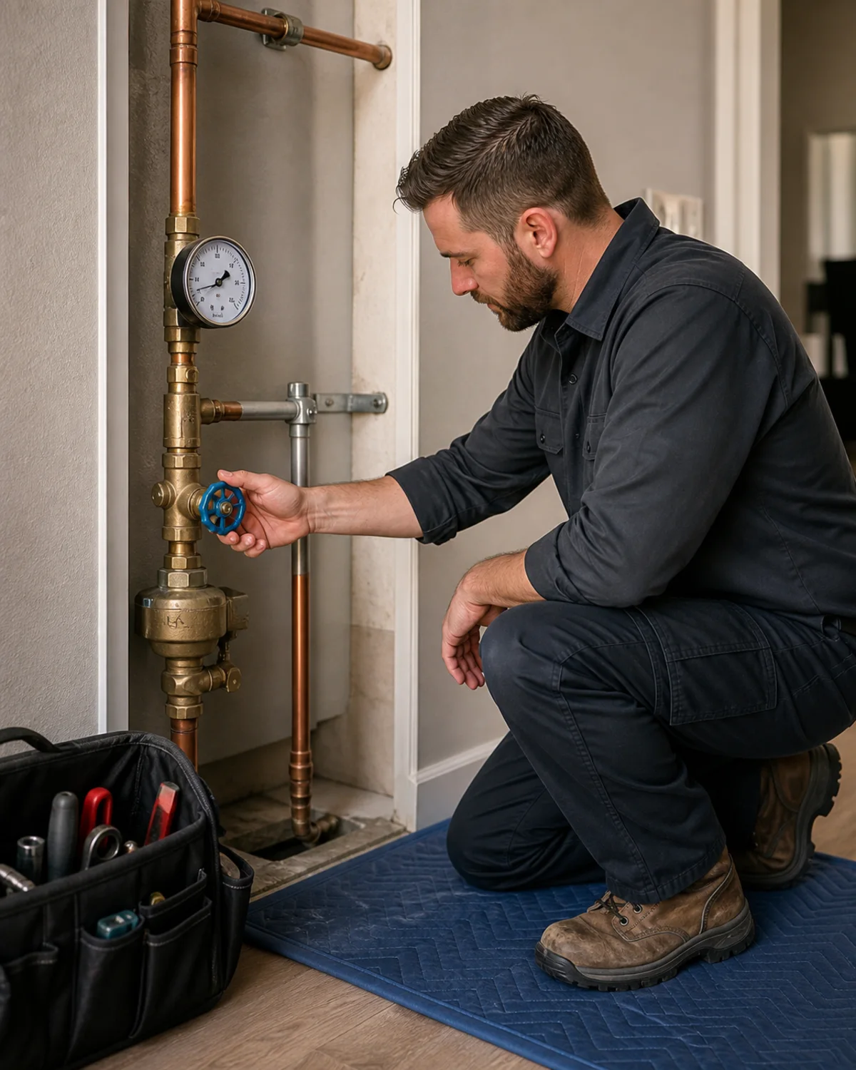 Plumber inspecting a residential plumbing manifold