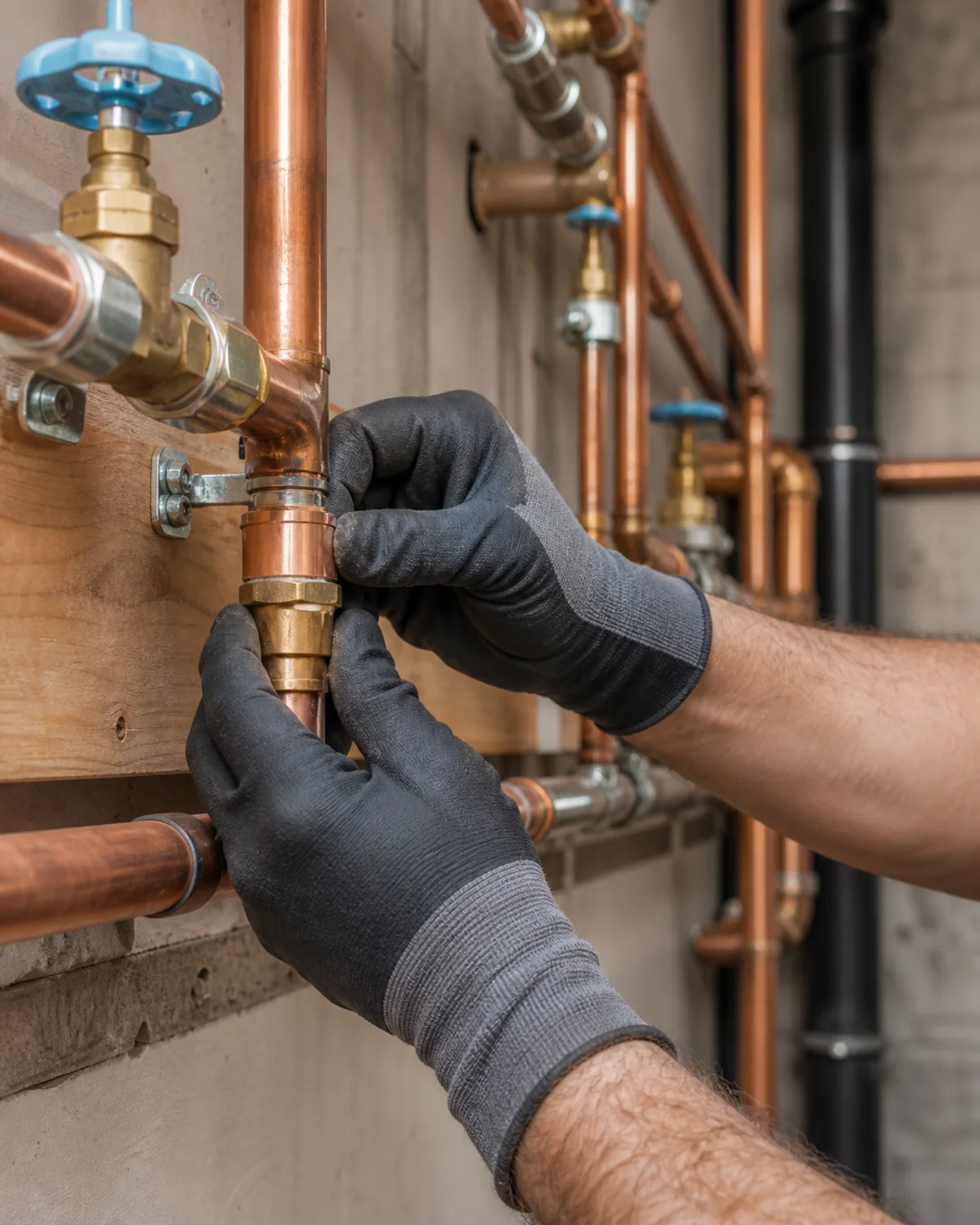 Gloved hands making a careful copper plumbing connection