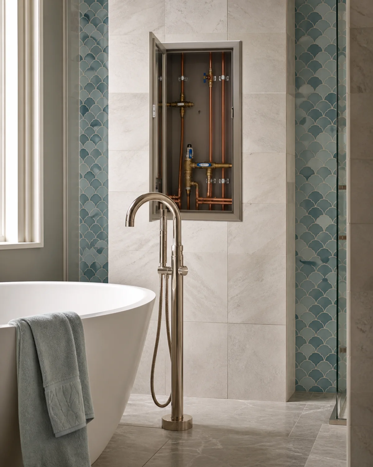 Finished bathroom fixtures and organized copper plumbing access