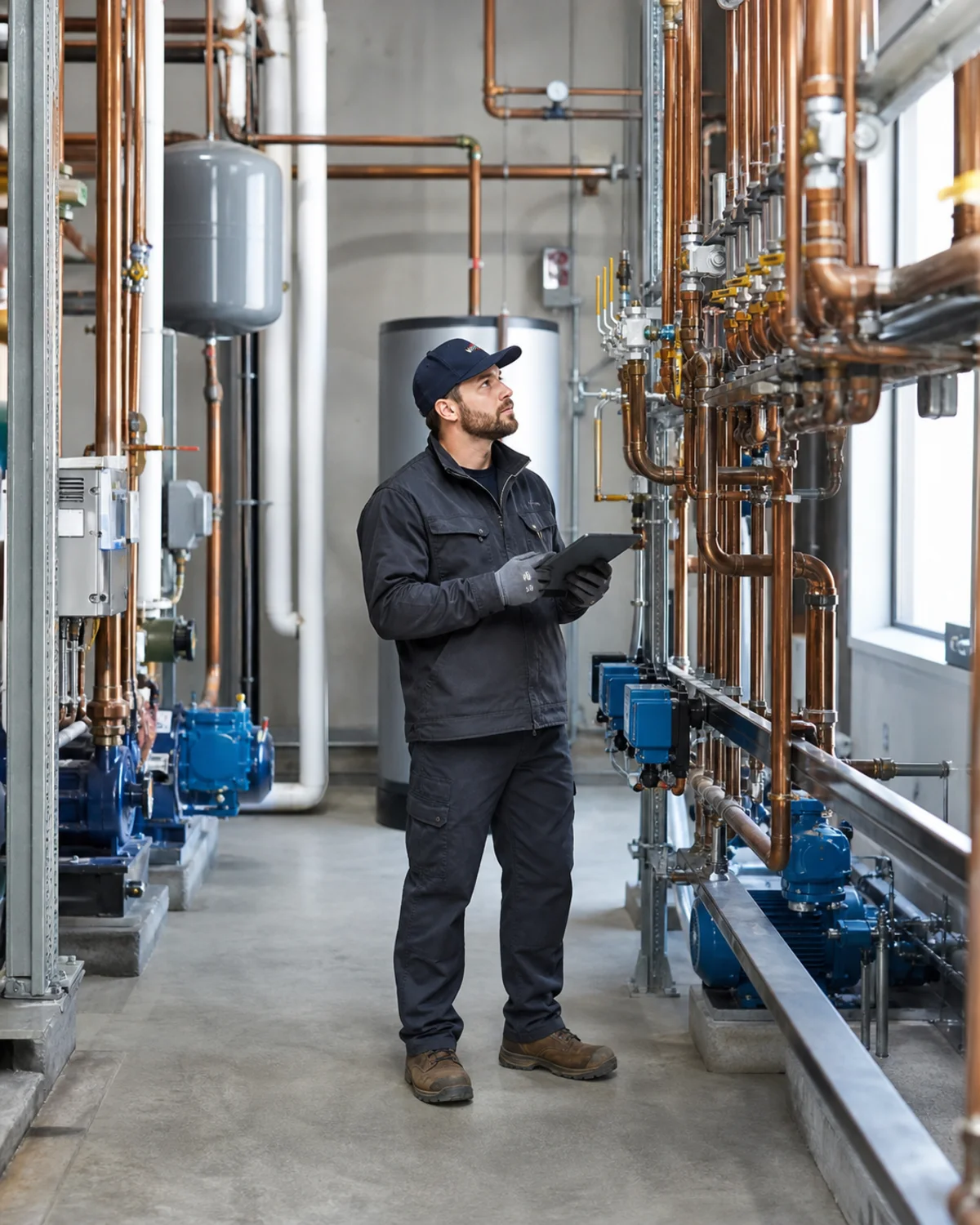 Plumber examining an organized residential water distribution system