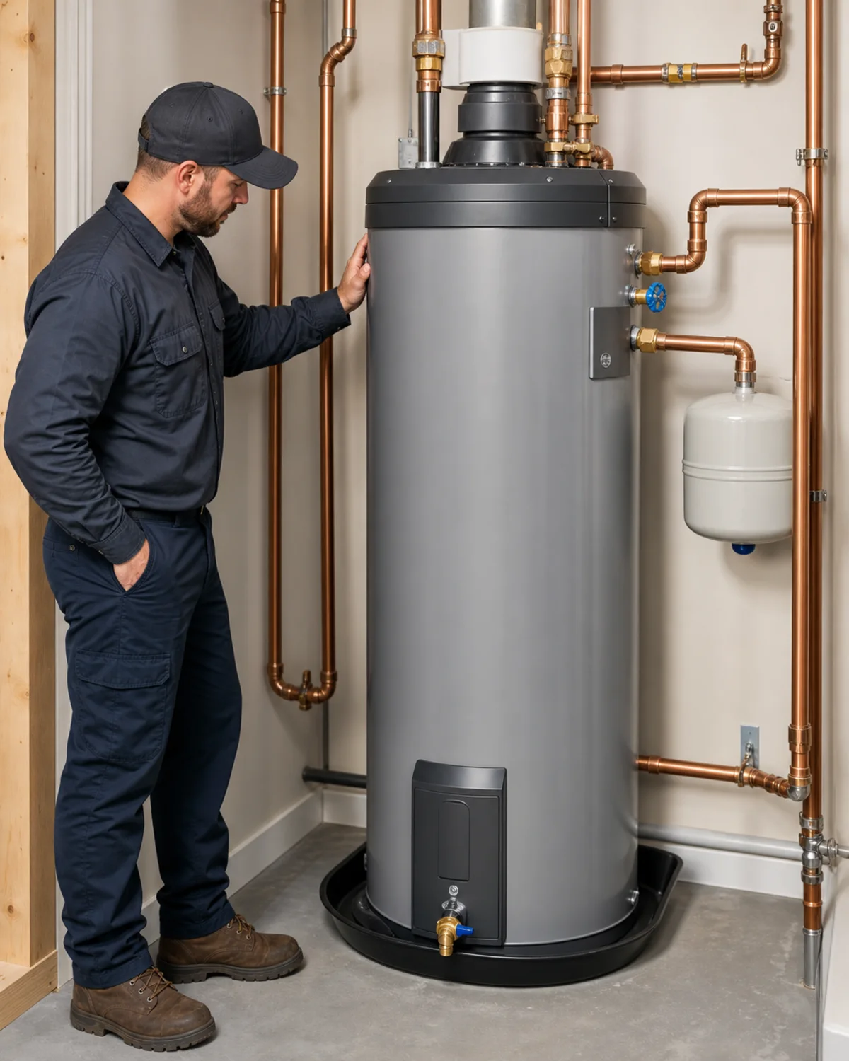 Plumbers reviewing a modern mechanical room installation